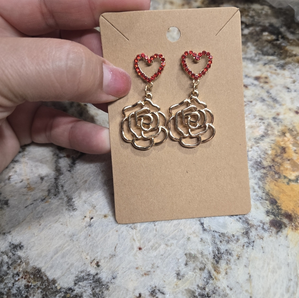 Gold and Red Heart Rose Earrings